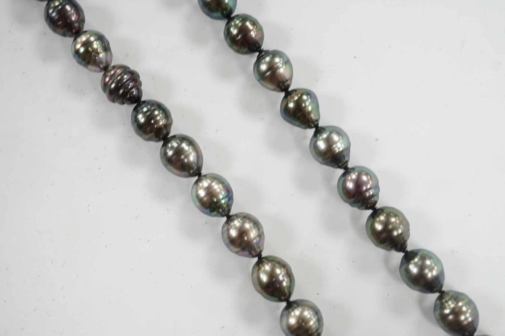 A modern single strand Tahitian cultured baroque pearl necklace with 750 clasp, 44cm. Condition - fair to good